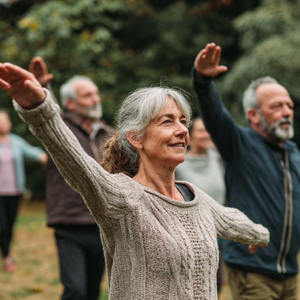 Group of middle-aged adults participating in gentle movement session outdoors