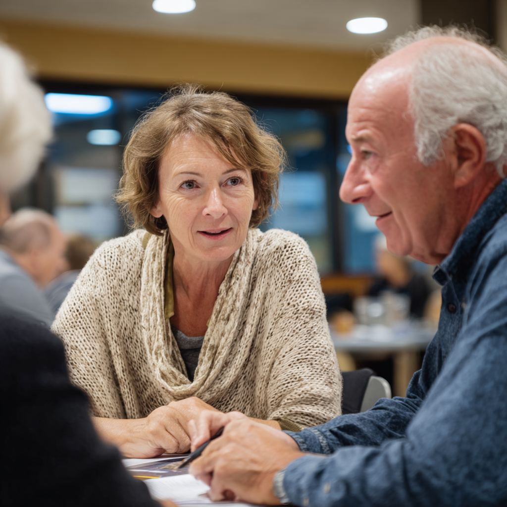 Professional consultation session with middle-aged adults discussing mobility program